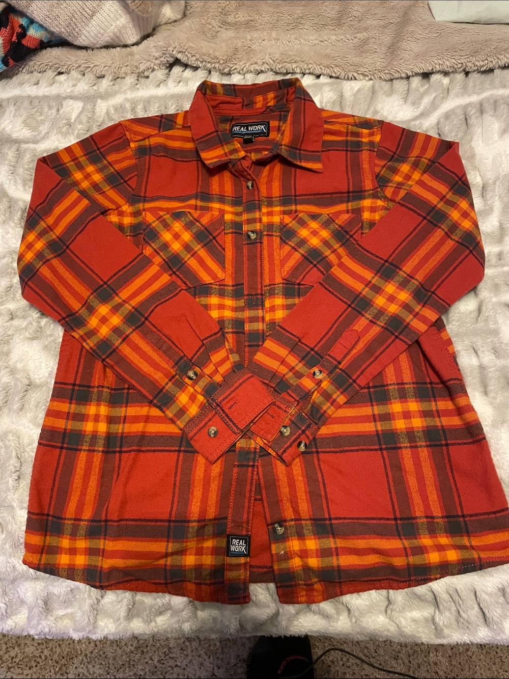 Real Work Orange Plaid Button-Up Shirt